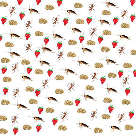 cute cockroach, ant with cookies and strawberry  as a pattern backgroundのイラスト素材