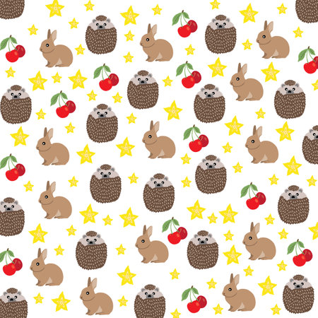 cute rabbit, porcupine with cherry and starfruit as a pattern backgroundのイラスト素材