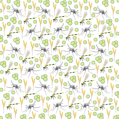 mosquitoes, dragonflies with wheat and cucumbers as a pattern backgroundのイラスト素材