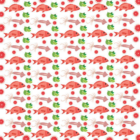 squid, fish with fruit as a pattern backgroundのイラスト素材