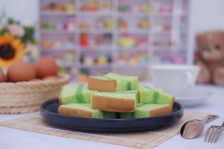 pandan cake on black plate. selective focusの写真素材