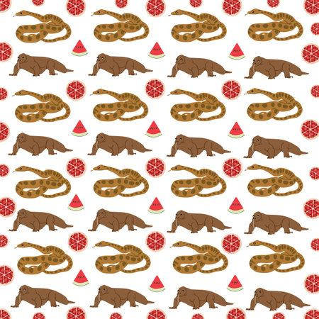 anaconda, komodo dragon with fruit as a pattern backgroundのイラスト素材