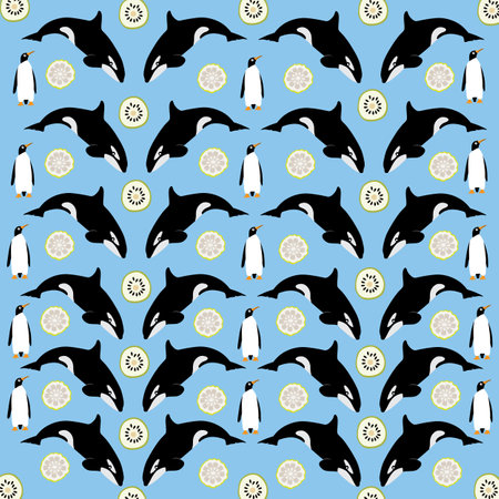 orca, penguin with fruit as a pattern backgroundのイラスト素材