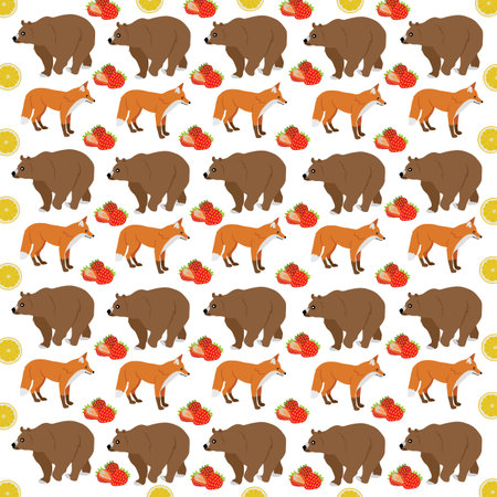 bear, fox with fruit as a pattern backgroundのイラスト素材