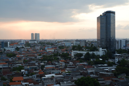 Panoramic view of surabaya city at sunsetの写真素材