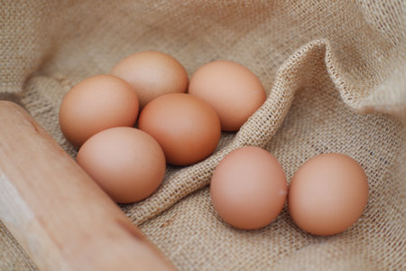 close up eggs on a gunny sackの写真素材
