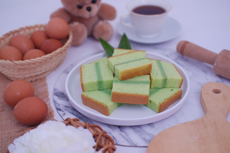 pandan cake on a plate. Selective focus.の写真素材