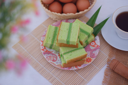 pandan cake on a plate. Selective focus.の写真素材