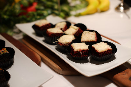 Catering buffet for events in a restaurant or hotel. Food styling and restaurant meal serving.の写真素材