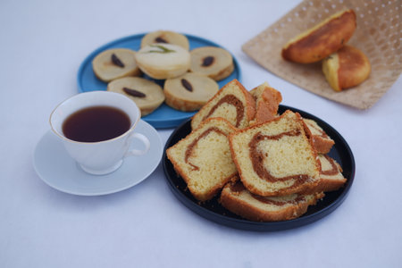sponge cake on a plate with beautiful decorationの写真素材
