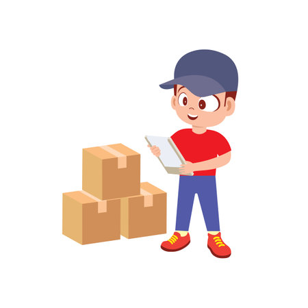 A cheerful boy wearing a blue cap and red outfit while standing next to three stacked cardboard boxes, appearing focused and engaged.のイラスト素材