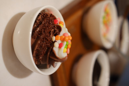 Chocolate ice cream with colorful candies on the white background.の写真素材