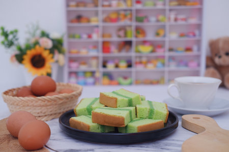 pandan cake on a plate. Selective focus.の写真素材