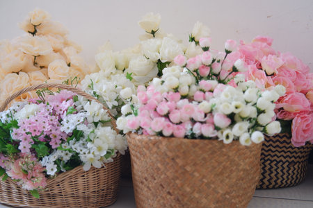 bouquet of pink and white roses, soft focus background.の写真素材