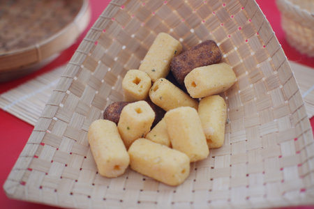 Crispy fried breadcrumbs in bamboo basket backgroundの写真素材