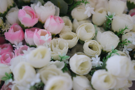 bouquet of pink and white roses, soft focus background.の写真素材