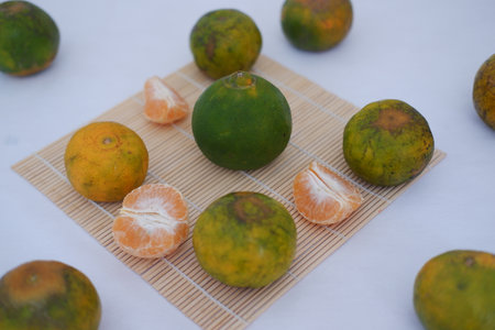 Fresh Green and Orange Citrus Fruits Arranged with Juicy Slicesの写真素材
