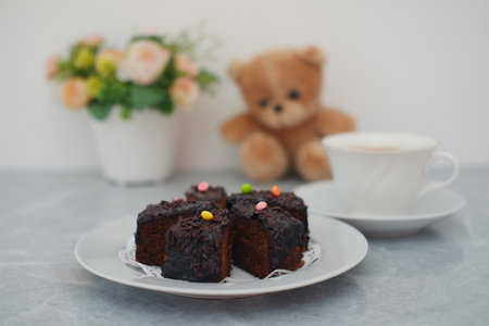 Sweet Moments with Chocolate Cake and Coffeeの写真素材