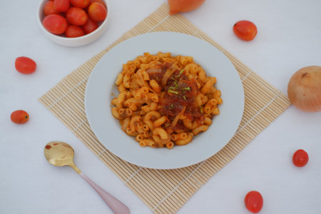 A Plate of Tasty Homemade Macaroni Pastaの写真素材
