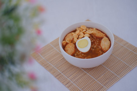 a bowl of spicy instant noodles served in a white ceramic bowlの写真素材