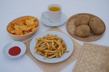a meal featuring potato based foods arranged on a white surfaceの写真素材