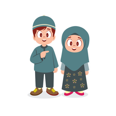 a young boy and girl dressed in traditional Islamic clothingのイラスト素材
