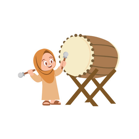 a young girl wearing a hijab and a modest dress, joyfully playing a large traditional drumのイラスト素材