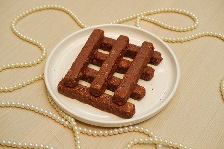 The image features a neatly arranged stack of chocolate covered snack bars placed on a white ceramic plateの写真素材