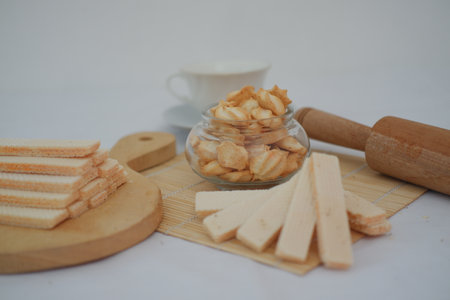 star shaped butter cookies or biscuits and wafer that look crispy and golden brownの写真素材