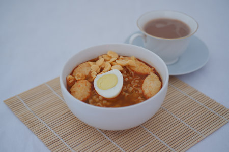 a warm and comforting bowl of noodles served in a white bowlの写真素材