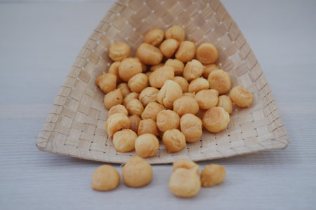 Some of the snacks have spilled out of the basketの写真素材