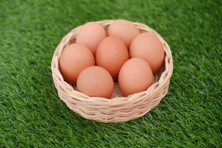 A basket of brown eggs on a bed of green grassの写真素材