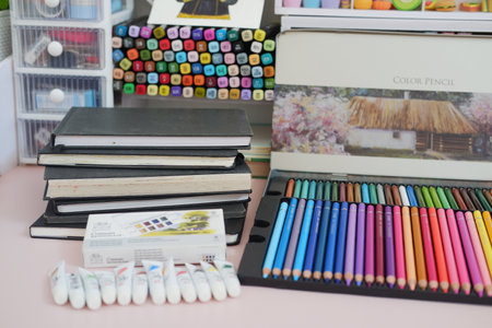 Art Supplies and Tools on a Deskの写真素材