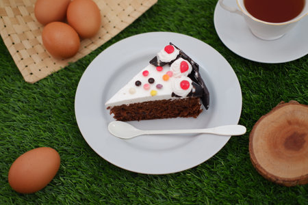 Delicious Slice of Cake on a Plate with Eggs and Teaの写真素材