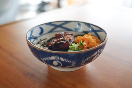 Delicious Unagi Donburi in a Decorative Bowlの写真素材