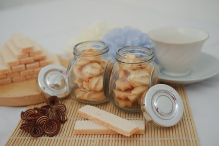 Cookies and tea cup arrangementの写真素材