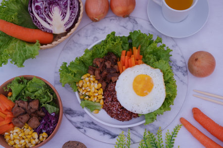 Delicious and Healthy Food Plate with Fresh Ingredientsの写真素材