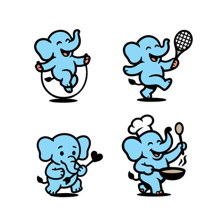 Cute Cartoon Elephant Emotions Set, Happy, Scared, Sleepy, Sadのイラスト素材