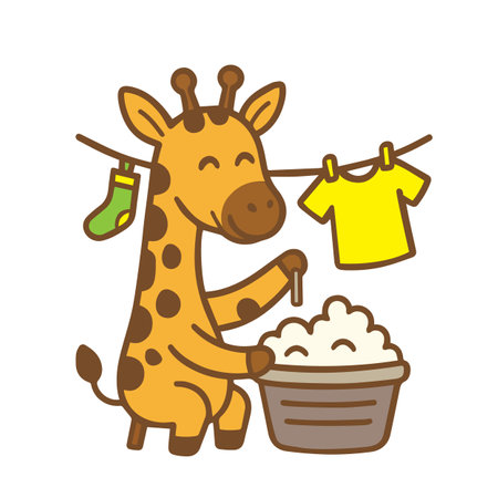 A cute cartoon giraffe doing laundryのイラスト素材