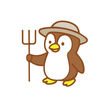 Cartoon penguin farmer with a pitchfork and hatのイラスト素材