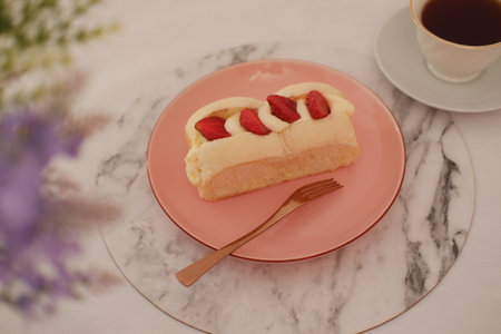 Strawberry Cream Bread on Pink Plateの写真素材
