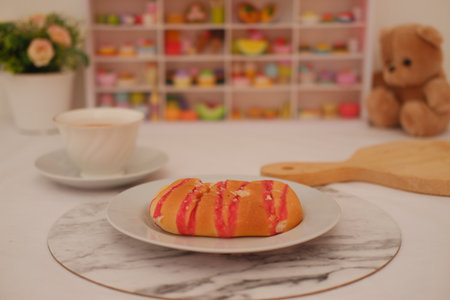 Sweet Strawberry Bread with Cup of Coffeeの写真素材