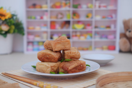 Home Cooked Tofu Snack on Serving Plateの写真素材