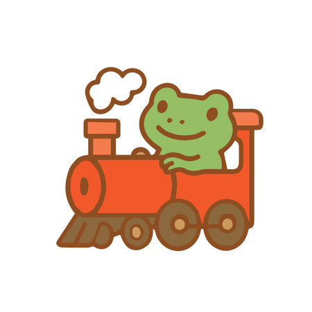 Frog driving a red train, cartoon style.のイラスト素材