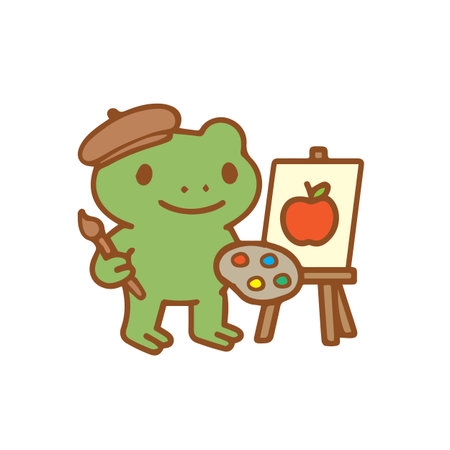 Frog Artist Painting an Apple Adorable Cartoon with Palette and Easelのイラスト素材