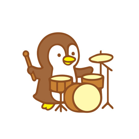 Cute Cartoon Penguin Drummer Playing Drums, Musical Performanceのイラスト素材