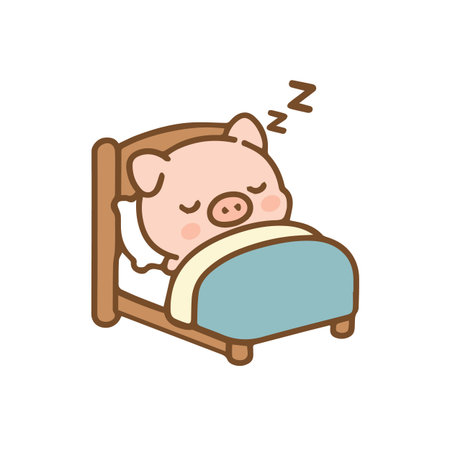 Cute pig sleeping soundly in a small bed, dreaming peacefully.のイラスト素材