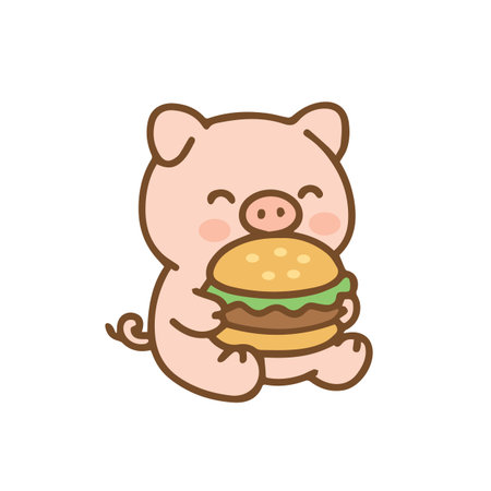 Cute Pig Enjoying a Delicious Hamburgerのイラスト素材