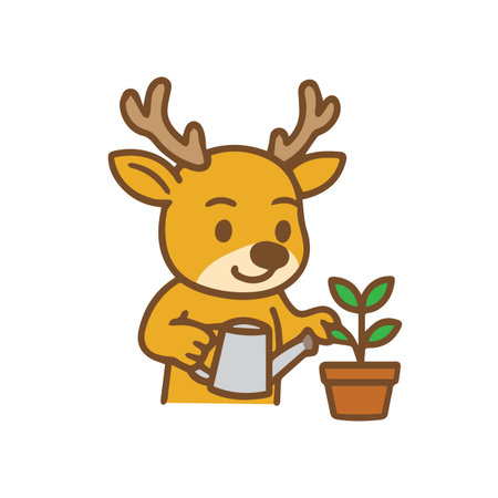 Deer Watering Plant Cartoon Illustration of Nature and Gardeningのイラスト素材
