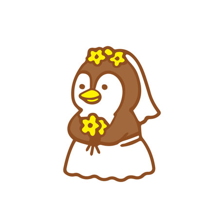 Wedding Penguin in a Dress with Flowers and Veilのイラスト素材
